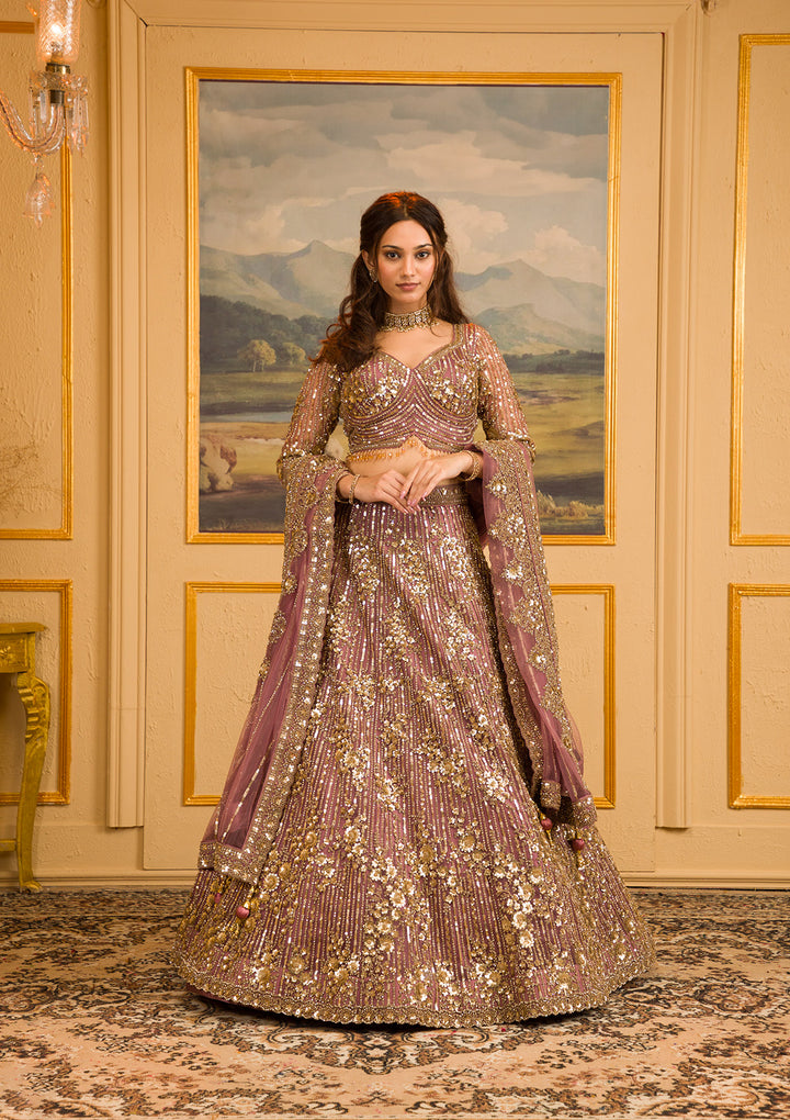 Mauve Zariwork Net Readymade Lehenga
