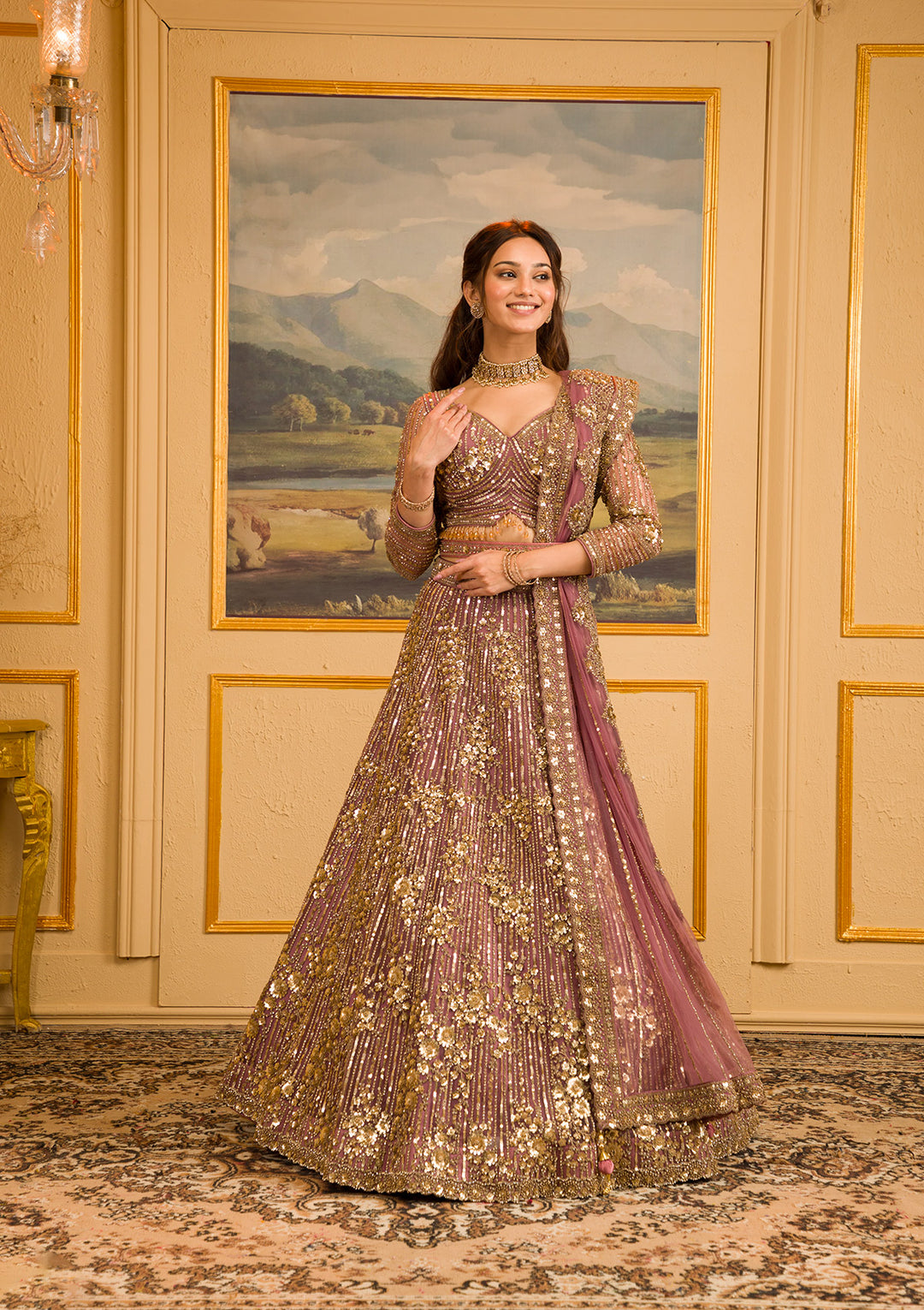 Mauve Zariwork Net Readymade Lehenga