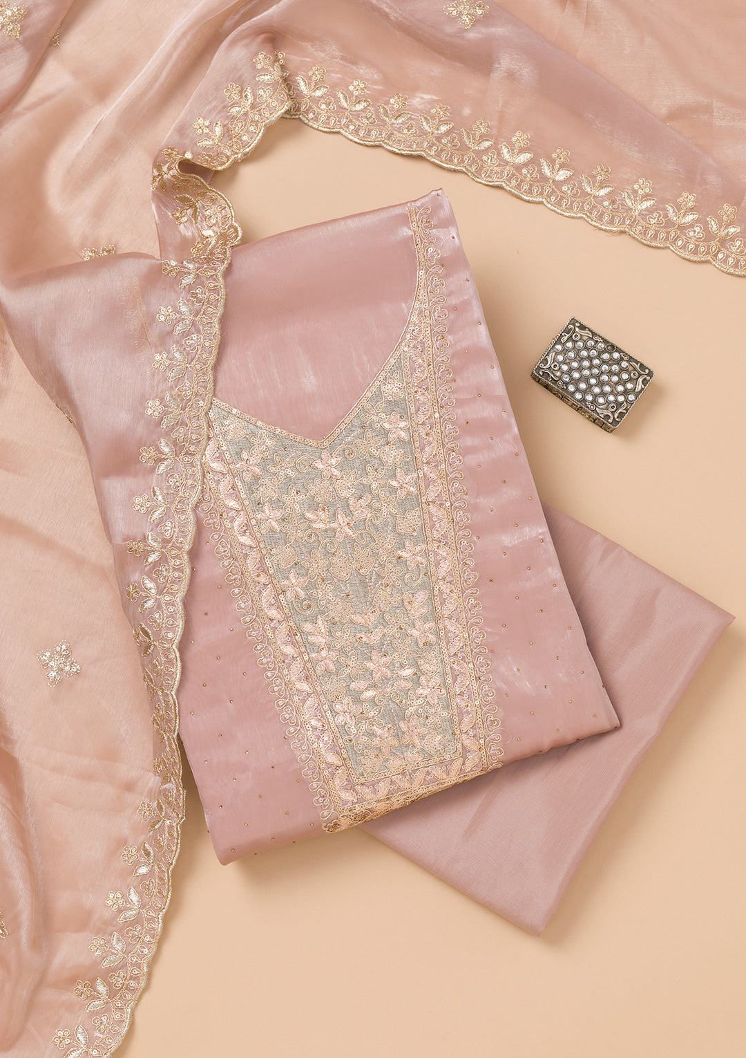 Mauve Zariwork Tissue Unstitched Salwar Suit