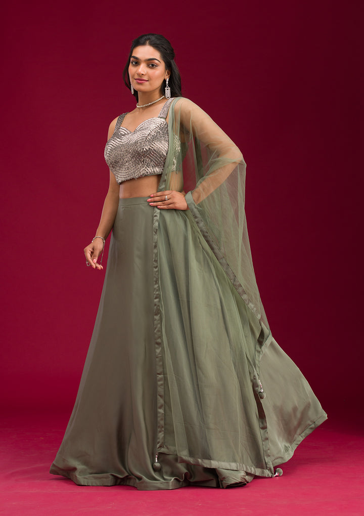 Mehendi Cutdana Satin Readymade Lehenga