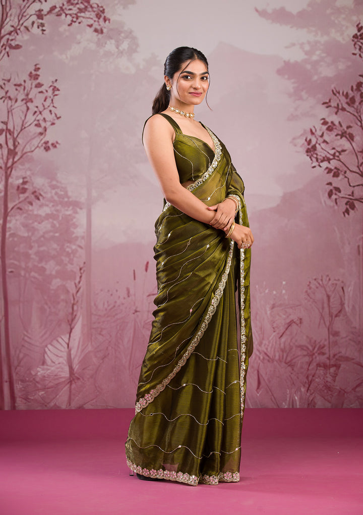 Mehendi Mirrorwork Tissue Saree