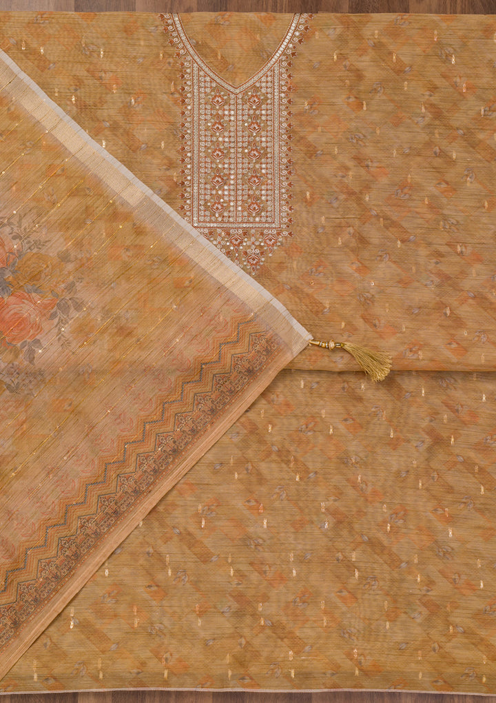 Mehendi Printed Raw Silk Unstitched Salwar Suit