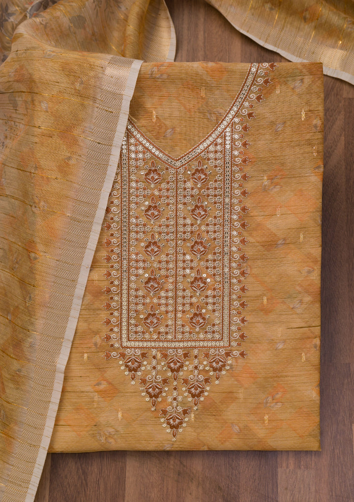 Mehendi Printed Raw Silk Unstitched Salwar Suit