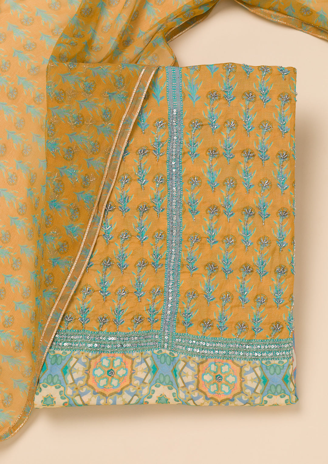 Mehendi Printed Semi Crepe Unstitched Salwar Suit