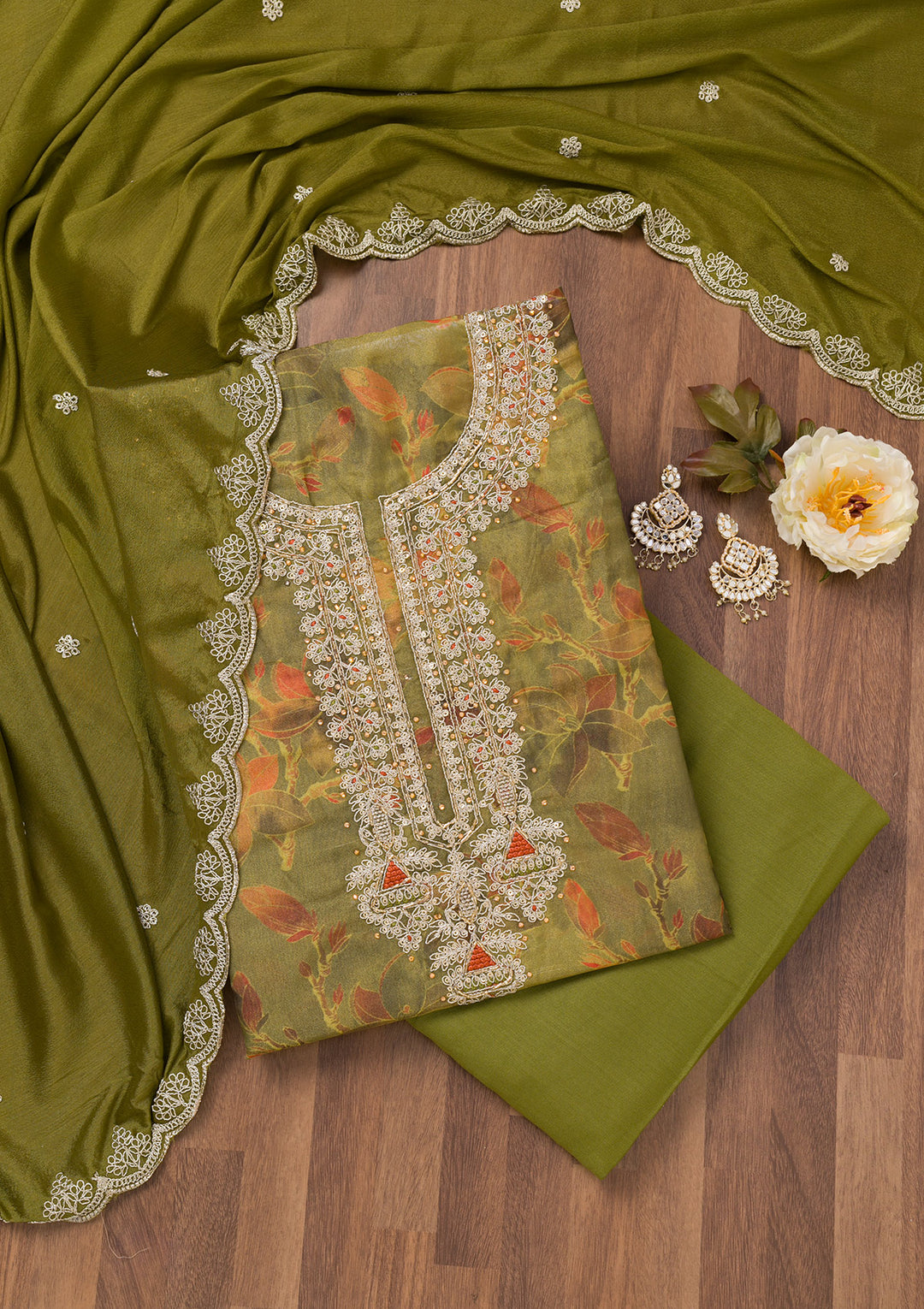Mehendi Printed Tissue Unstitched Salwar Suit