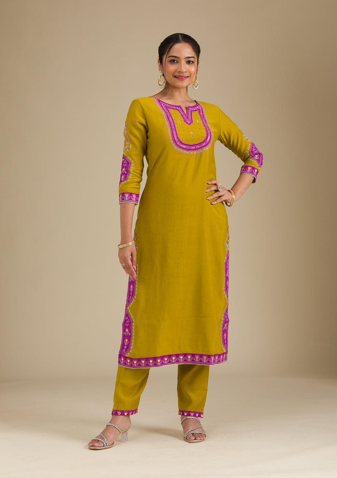 Mehendi Threadwork Chiffon Readymade Salwar Suit