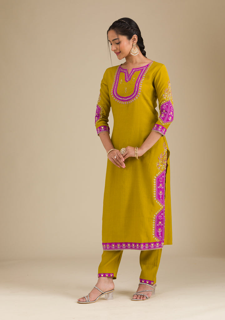 Mehendi Threadwork Chiffon Readymade Salwar Suit