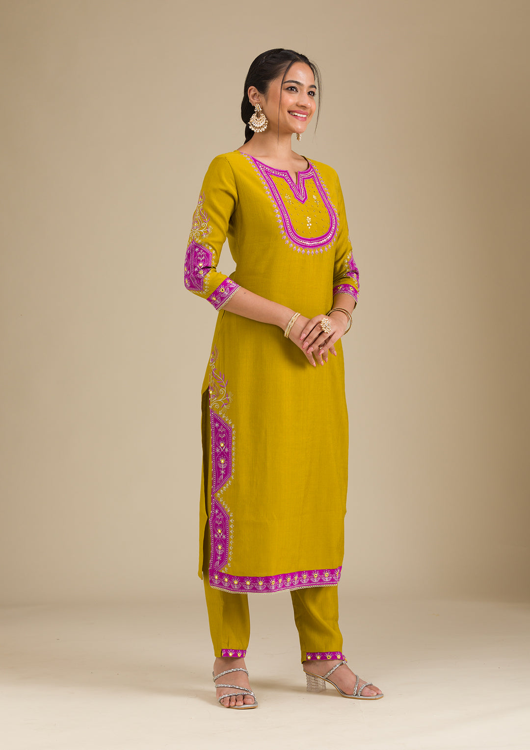 Mehendi Threadwork Chiffon Readymade Salwar Suit