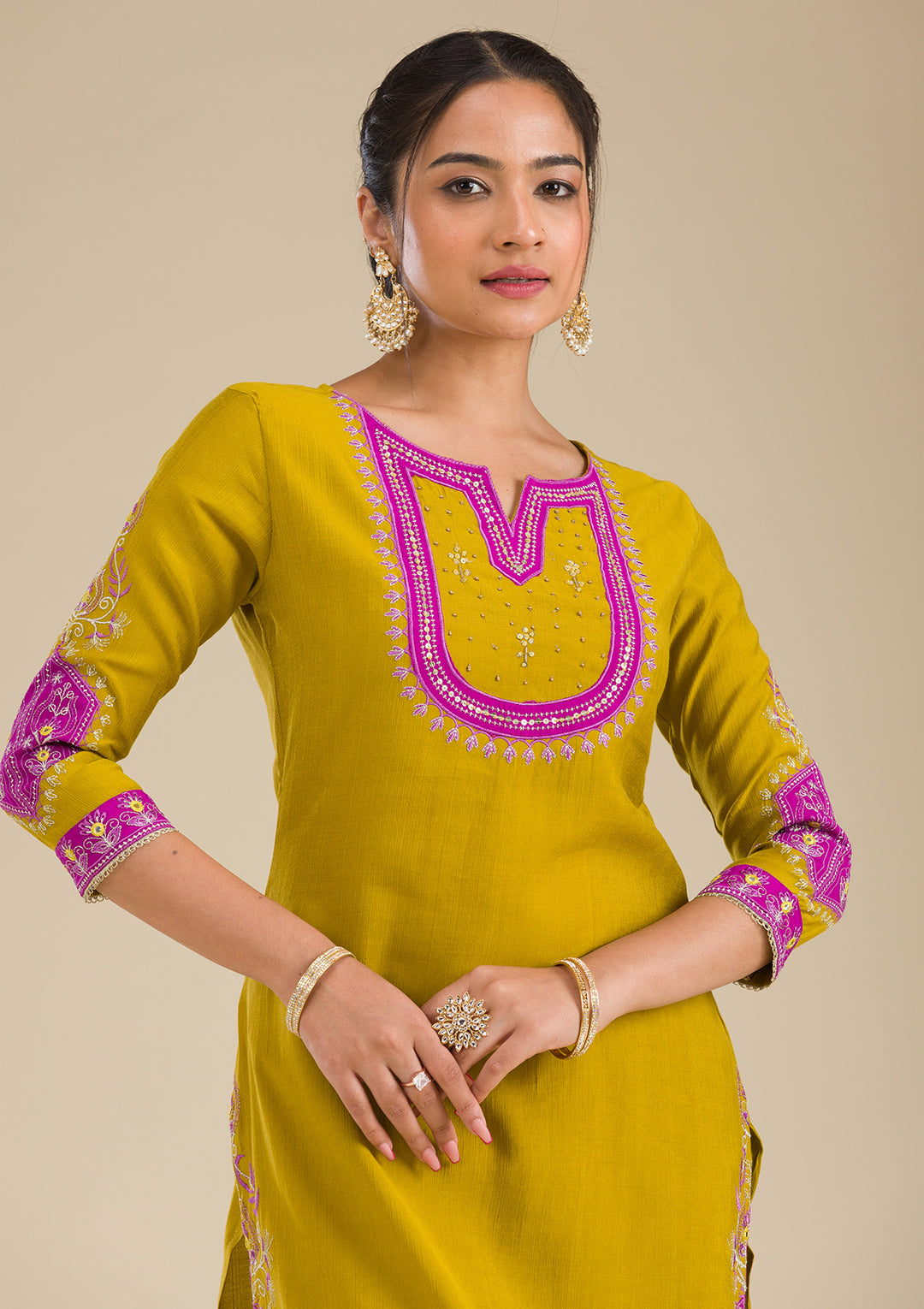 Mehendi Threadwork Chiffon Readymade Salwar Suit