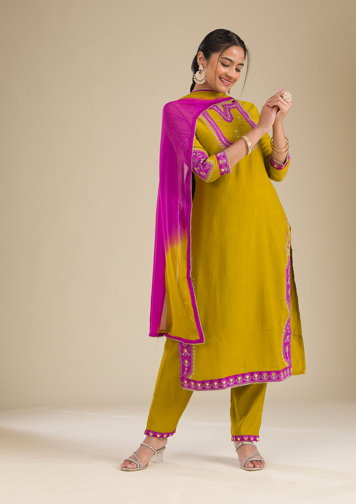 Mehendi Threadwork Chiffon Readymade Salwar Suit