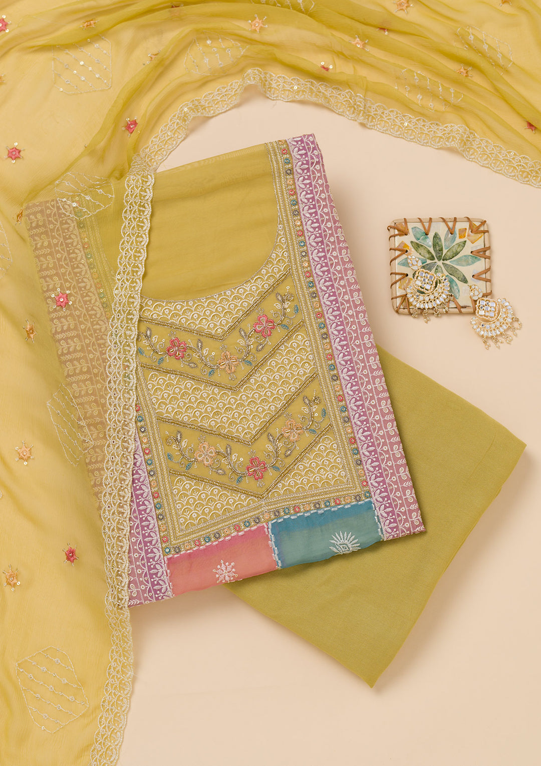 Mehendi Threadwork Organza Unstitched Salwar Suit