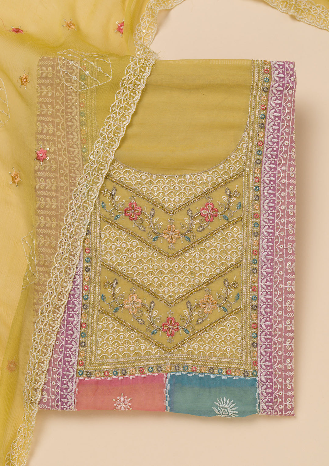 Mehendi Threadwork Organza Unstitched Salwar Suit