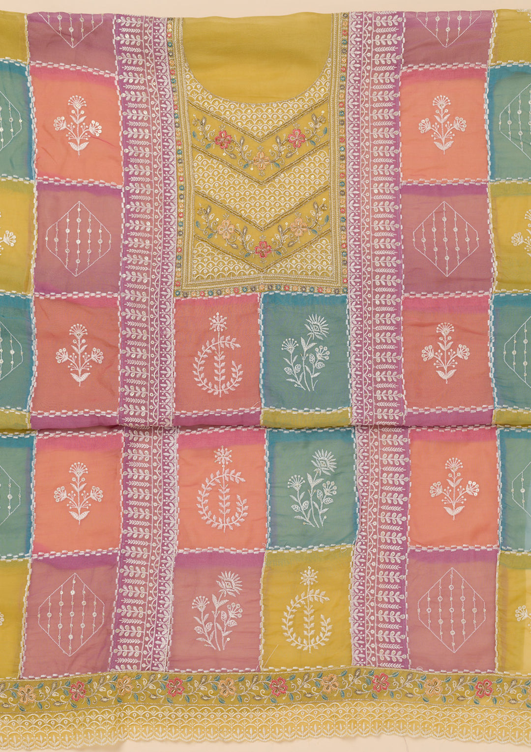 Mehendi Threadwork Organza Unstitched Salwar Suit