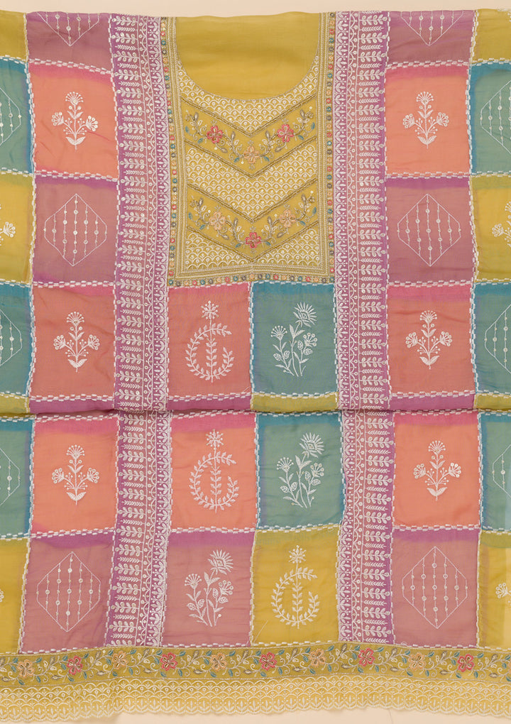 Mehendi Threadwork Organza Unstitched Salwar Suit