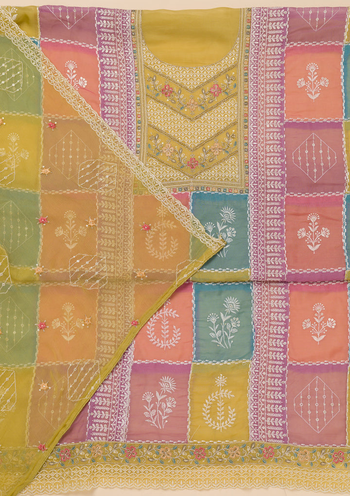 Mehendi Threadwork Organza Unstitched Salwar Suit