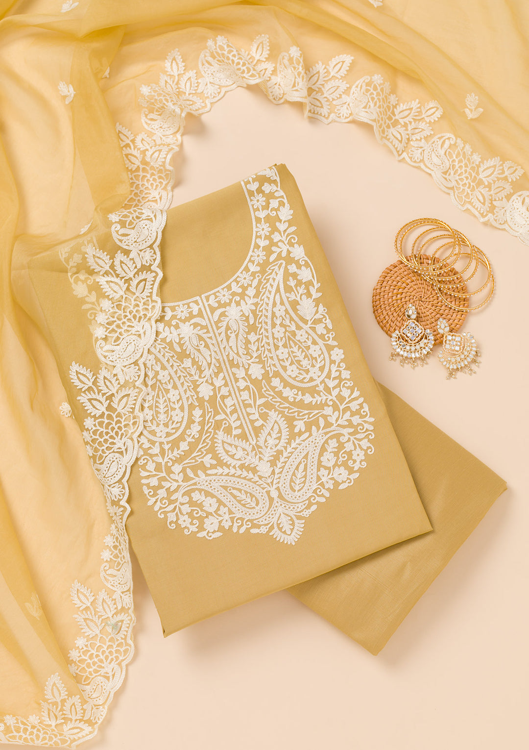 Mehendi Threadwork Semi Crepe Unstitched Salwar Suit