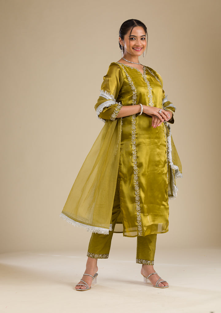 Mehendi Zariwork Crepe Readymade Salwar Suit