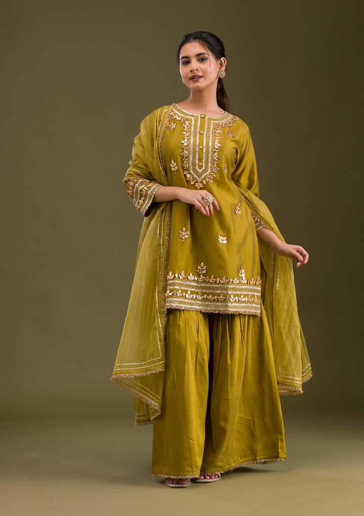 Mehendi Zariwork Semi Crepe Readymade Salwar Suit