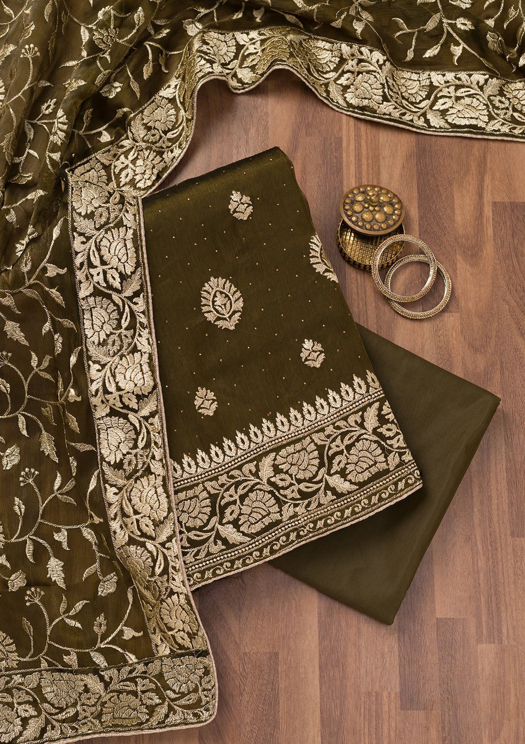 Mehendi Zariwork Semi Crepe Unstitched Salwar Suit