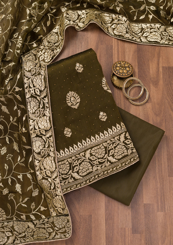 Mehendi Zariwork Semi Crepe Unstitched Salwar Suit