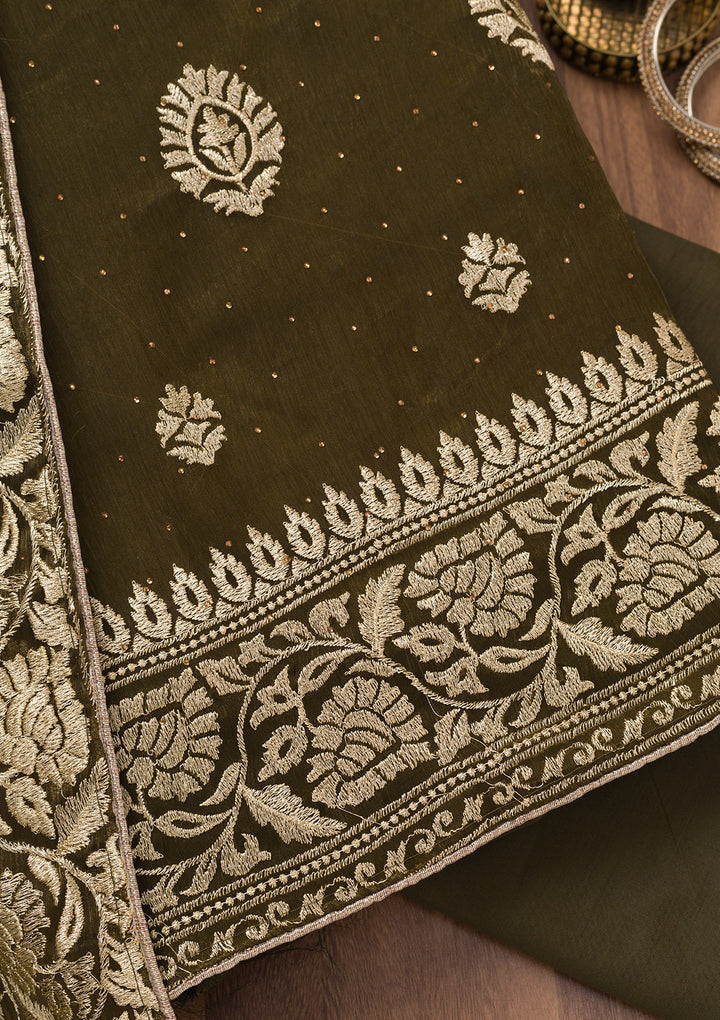 Mehendi Zariwork Semi Crepe Unstitched Salwar Suit