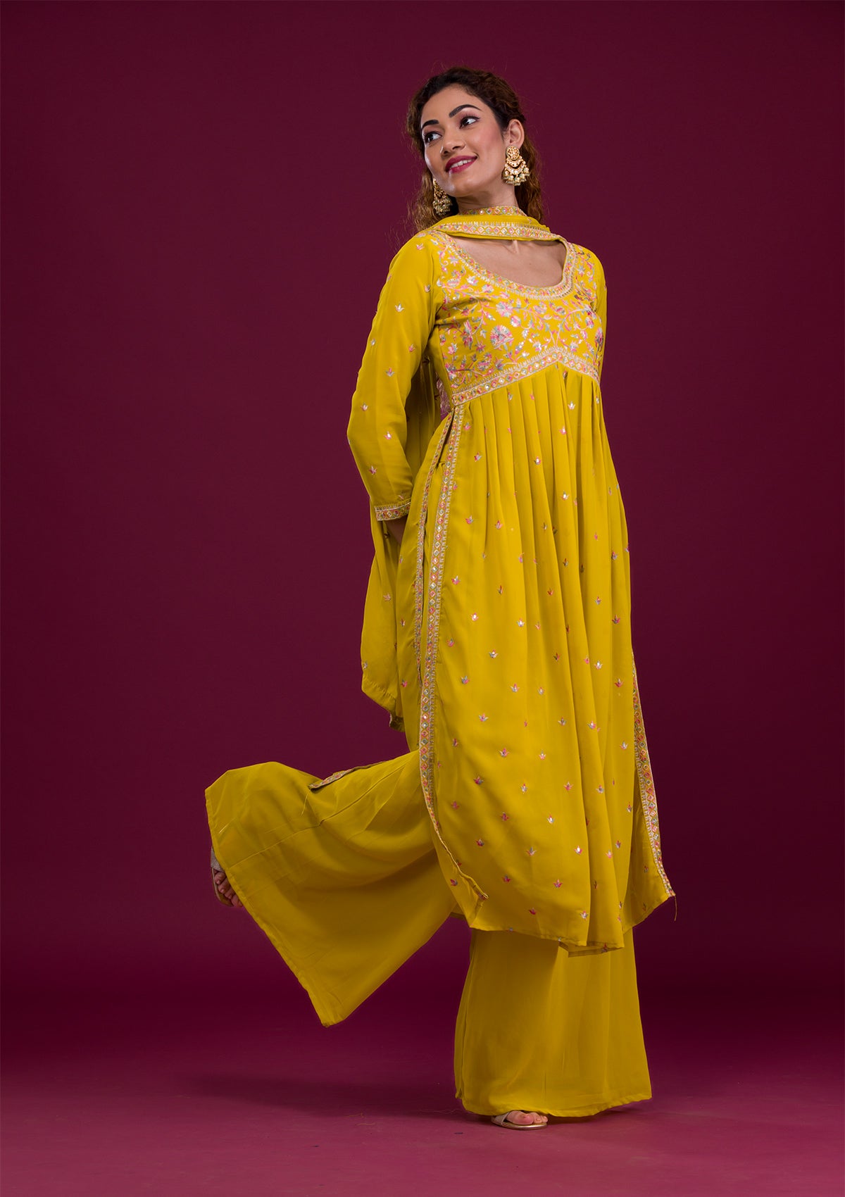 Mustard Kashmiri Threadwork Georgette Readymade Salwar Suit-Koskii