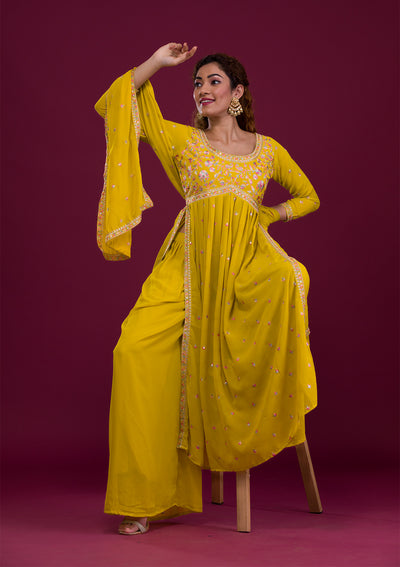Mustard Kashmiri Threadwork Georgette Readymade Salwar Suit-Koskii