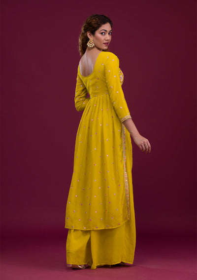 Mustard Kashmiri Threadwork Georgette Readymade Salwar Suit