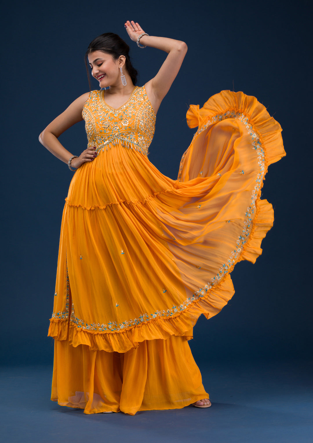 Mustard Mirrorwork Georgette Readymade Anarkali Suit