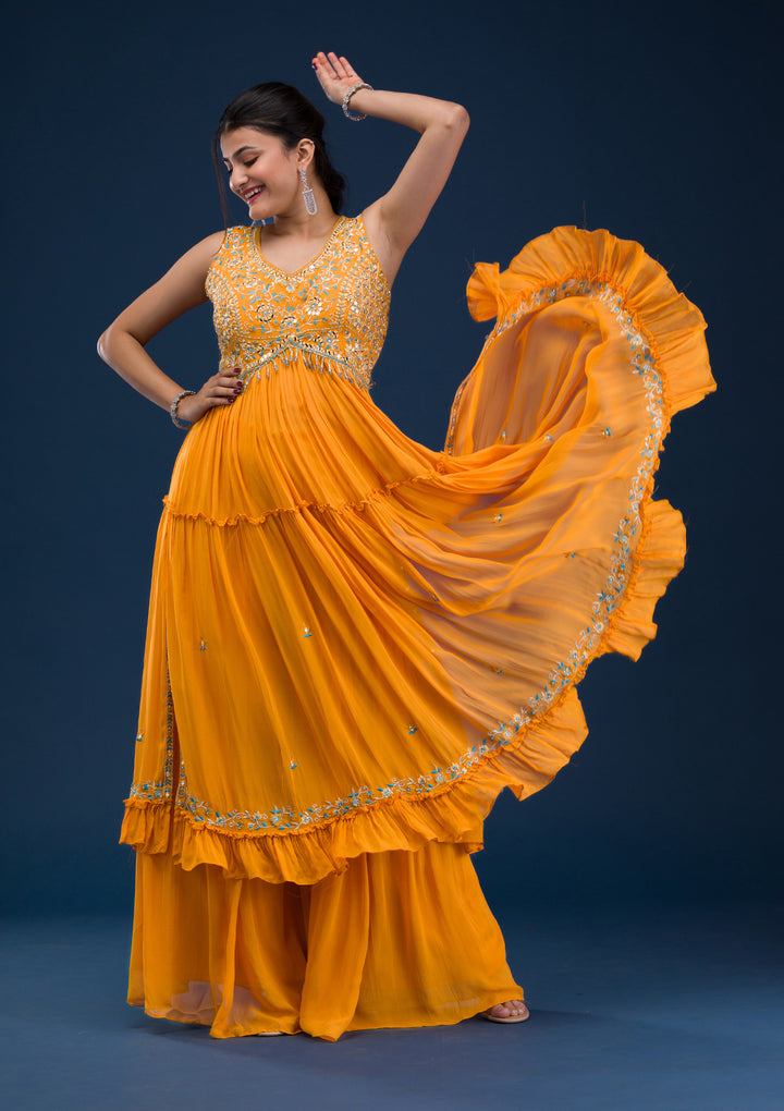 Mustard Mirrorwork Georgette Readymade Anarkali Suit