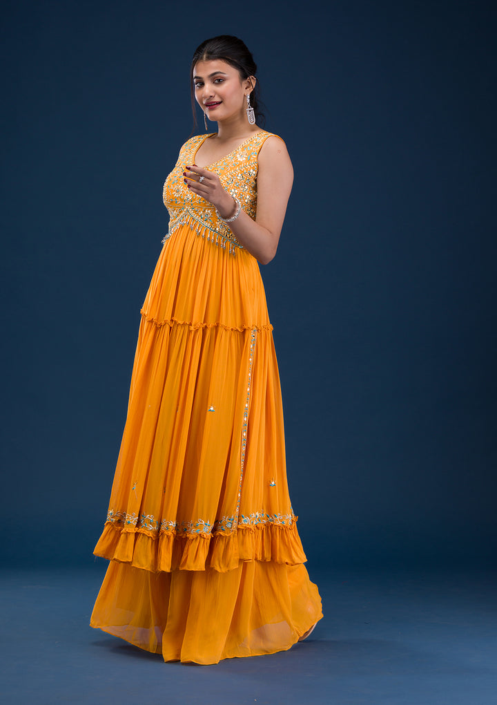 Mustard Mirrorwork Georgette Readymade Anarkali Suit