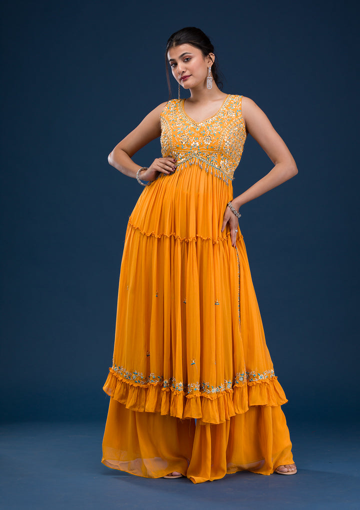 Mustard Mirrorwork Georgette Readymade Anarkali Suit