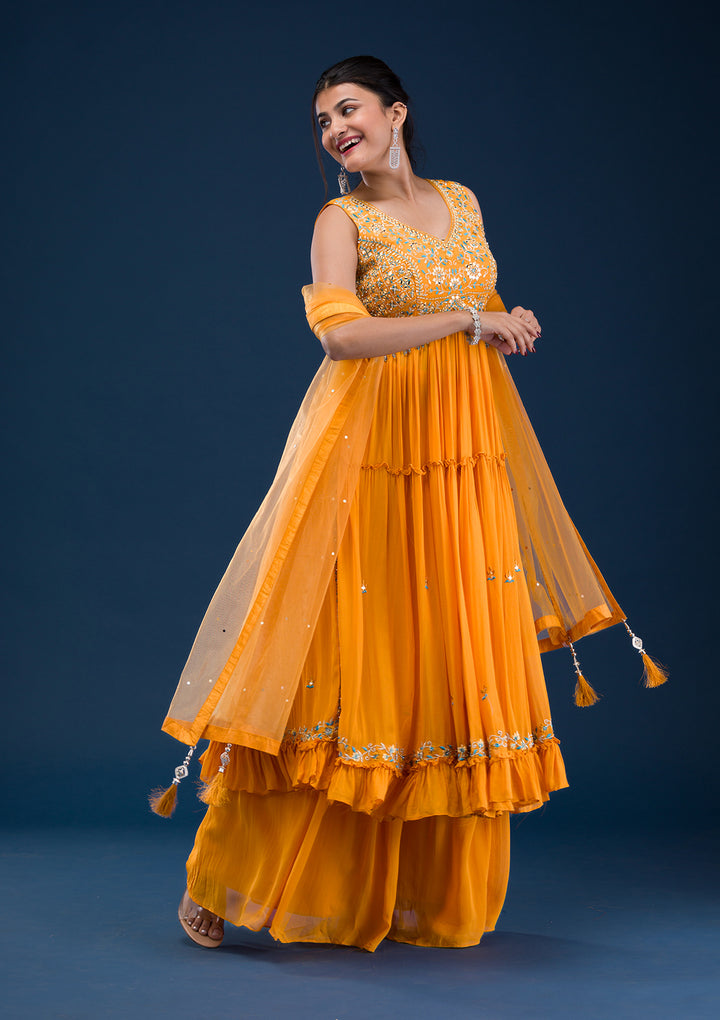 Mustard Mirrorwork Georgette Readymade Anarkali Suit