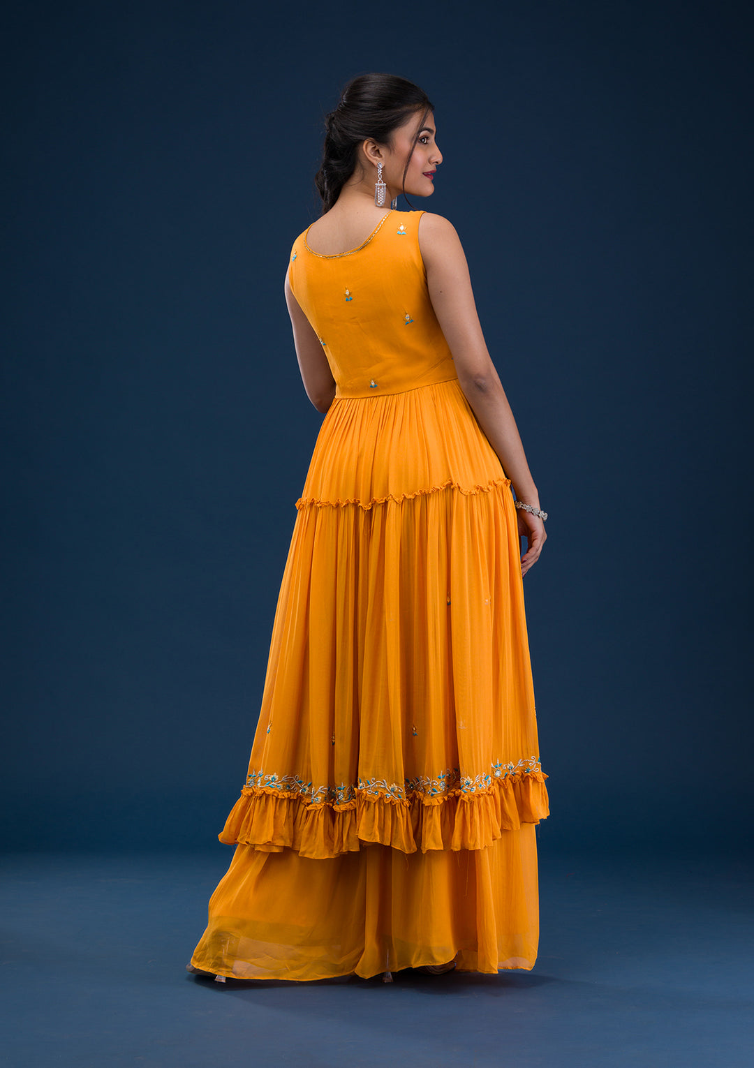 Mustard Mirrorwork Georgette Readymade Anarkali Suit