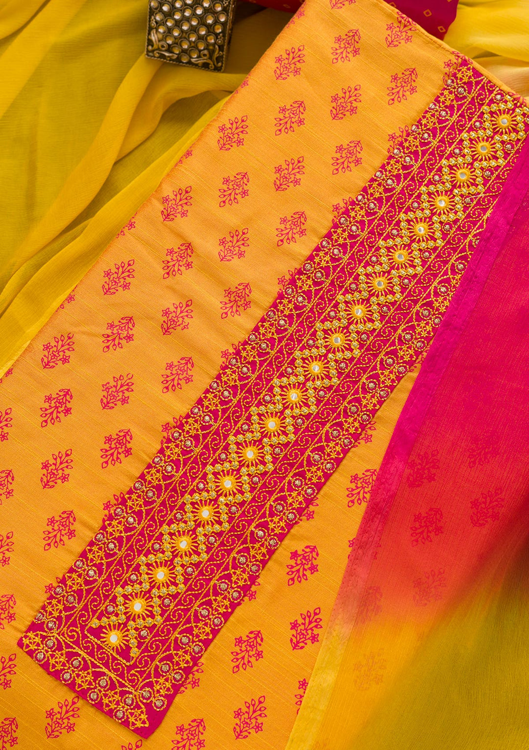 Mustard Printed Chanderi Unstitched Salwar Suit