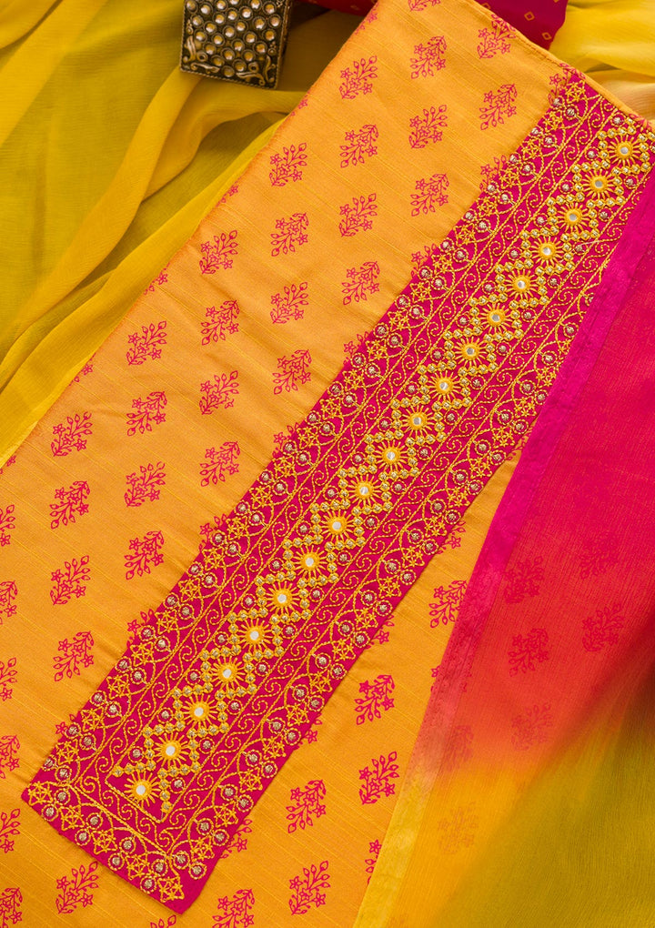 Mustard Printed Chanderi Unstitched Salwar Suit