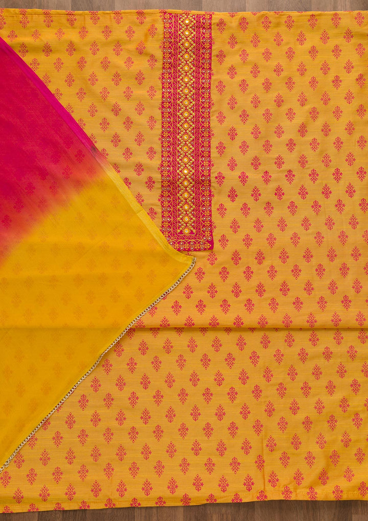 Mustard Printed Chanderi Unstitched Salwar Suit