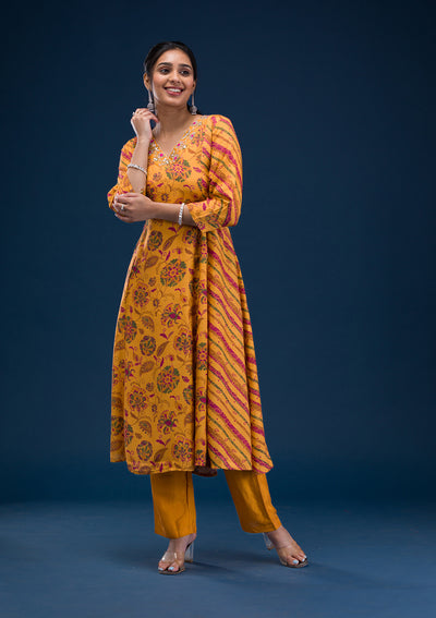 Mustard Printed Semi Crepe Readymade Salwar Suit