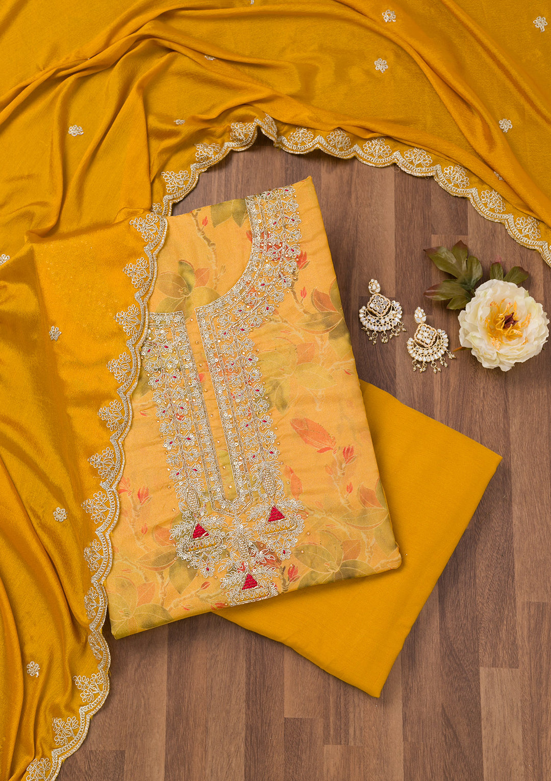 Mustard Printed Tissue Unstitched Salwar Suit