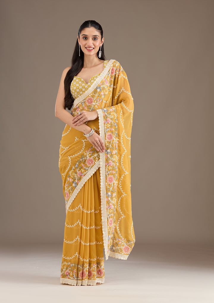 Mustard Sequins Tissue Saree