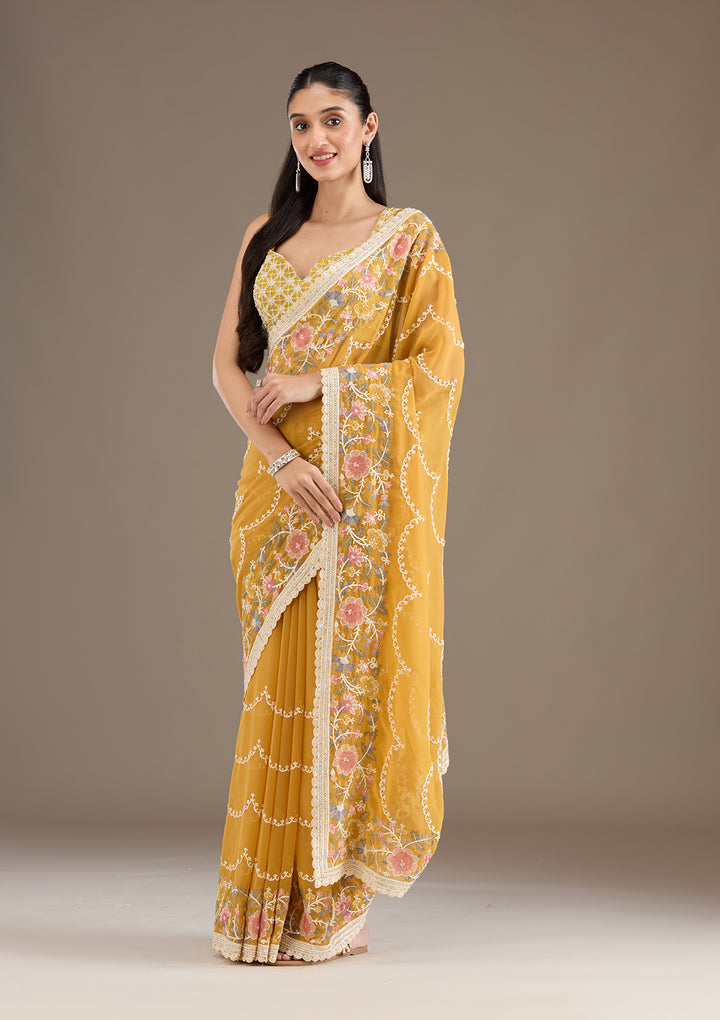 Mustard Sequins Tissue Saree