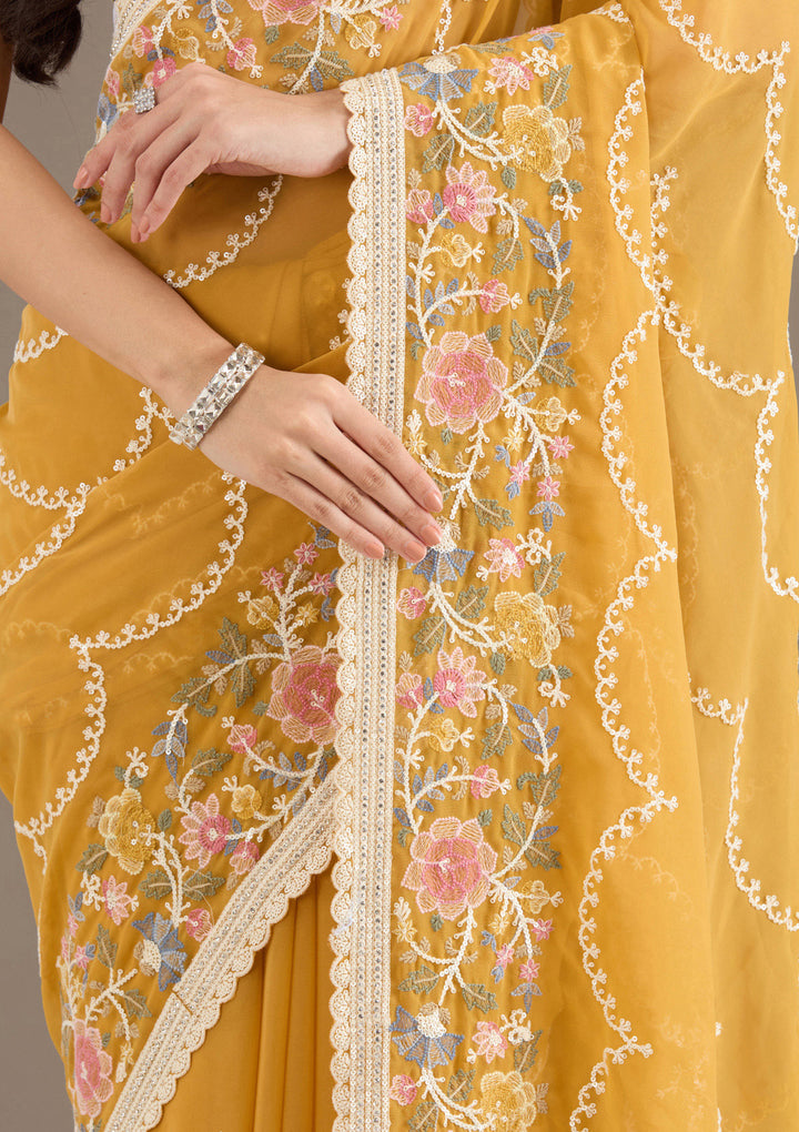 Mustard Sequins Tissue Saree