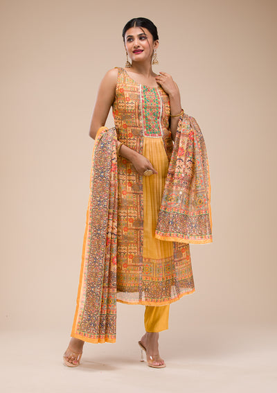 Mustard Threadwork Chanderi Readymade Salwar Suit