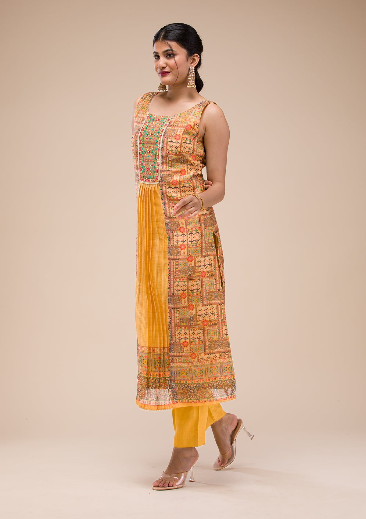 Mustard Threadwork Chanderi Readymade Salwar Suit