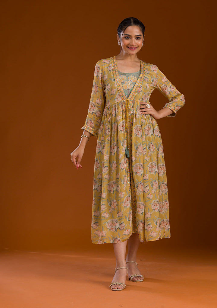 Mustard Threadwork Chiffon Readymade Salwar Suit