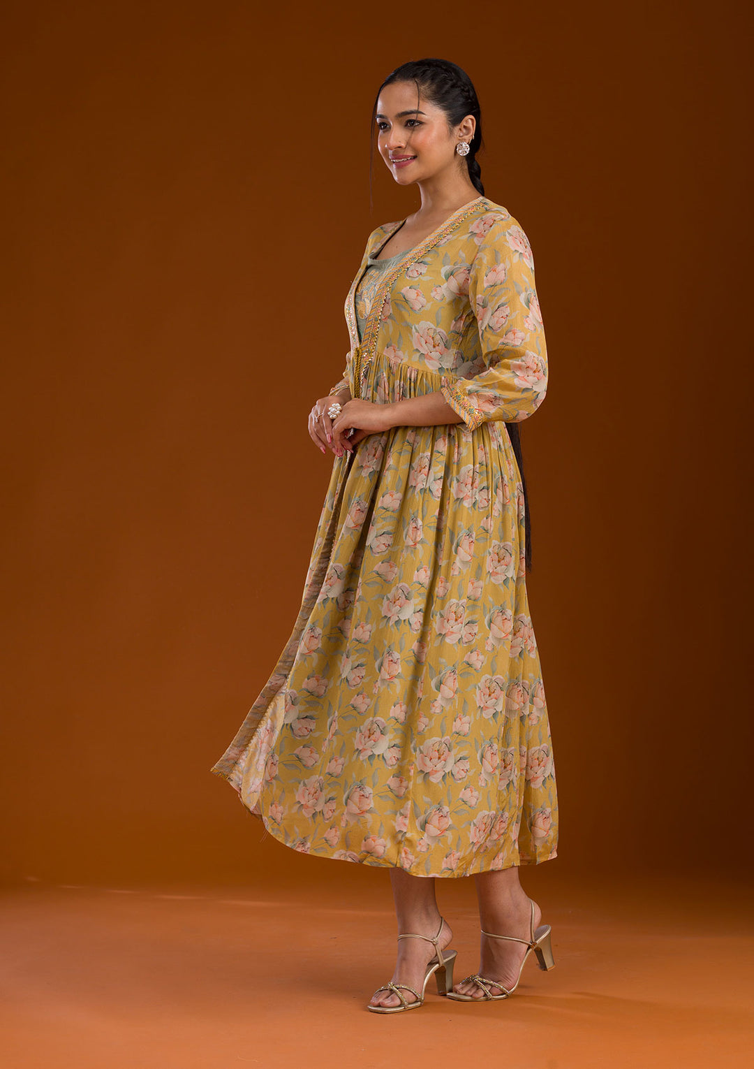 Mustard Threadwork Chiffon Readymade Salwar Suit