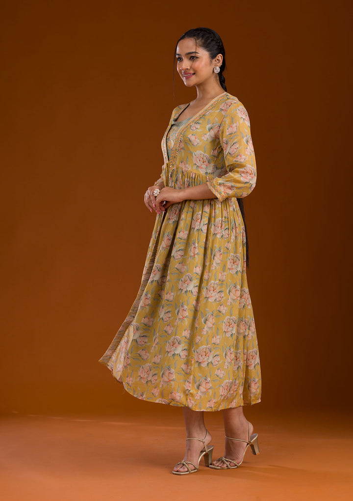 Mustard Threadwork Chiffon Readymade Salwar Suit