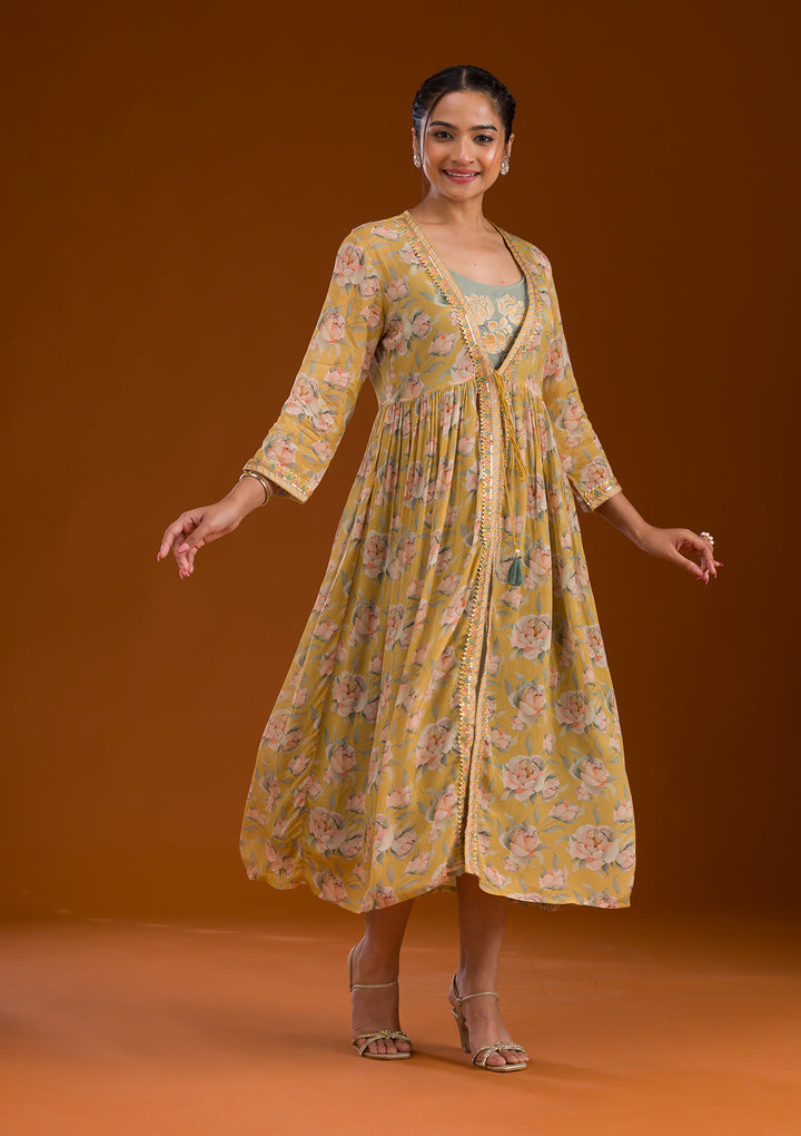 Mustard Threadwork Chiffon Readymade Salwar Suit