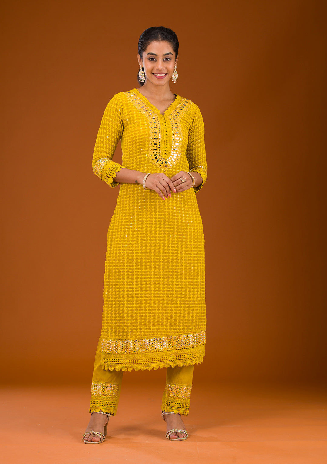 Mustard Threadwork Georgette Readymade Salwar Suit