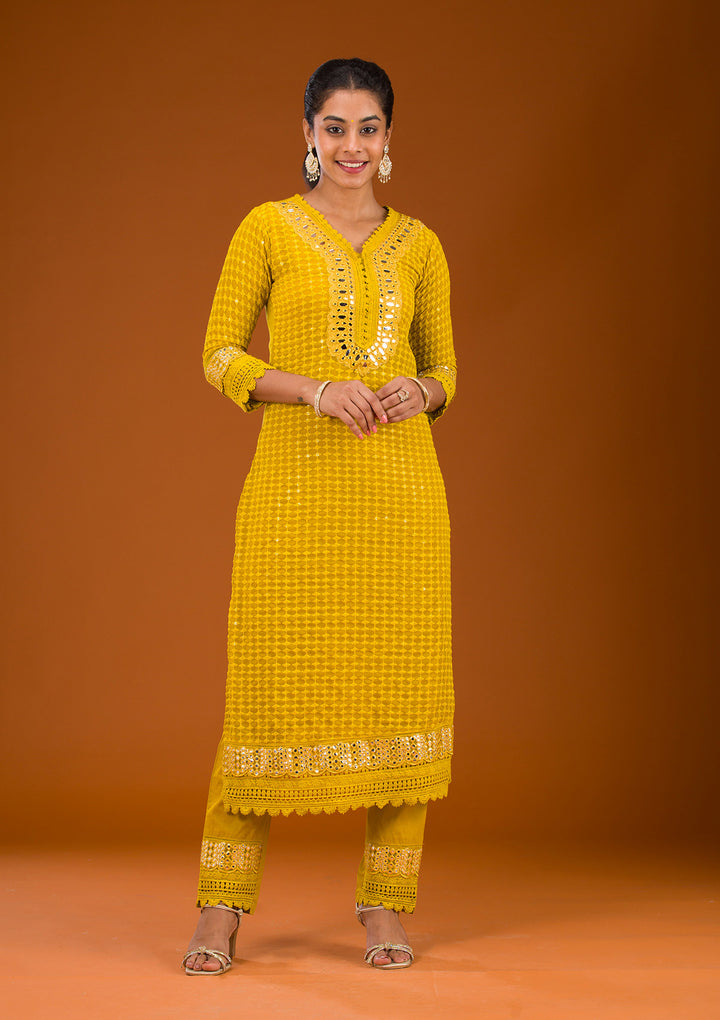 Mustard Threadwork Georgette Readymade Salwar Suit